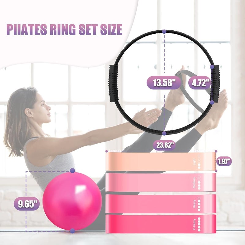 JHMFDDSB Pilates Ring Set, Pilates Essentials Kit with Pilates Ring and Ball, 3 Resistance Bands, Portable Bag & Training Poster, at Home Pilates Starter Workouts Equipment Kit for Women - Image 1